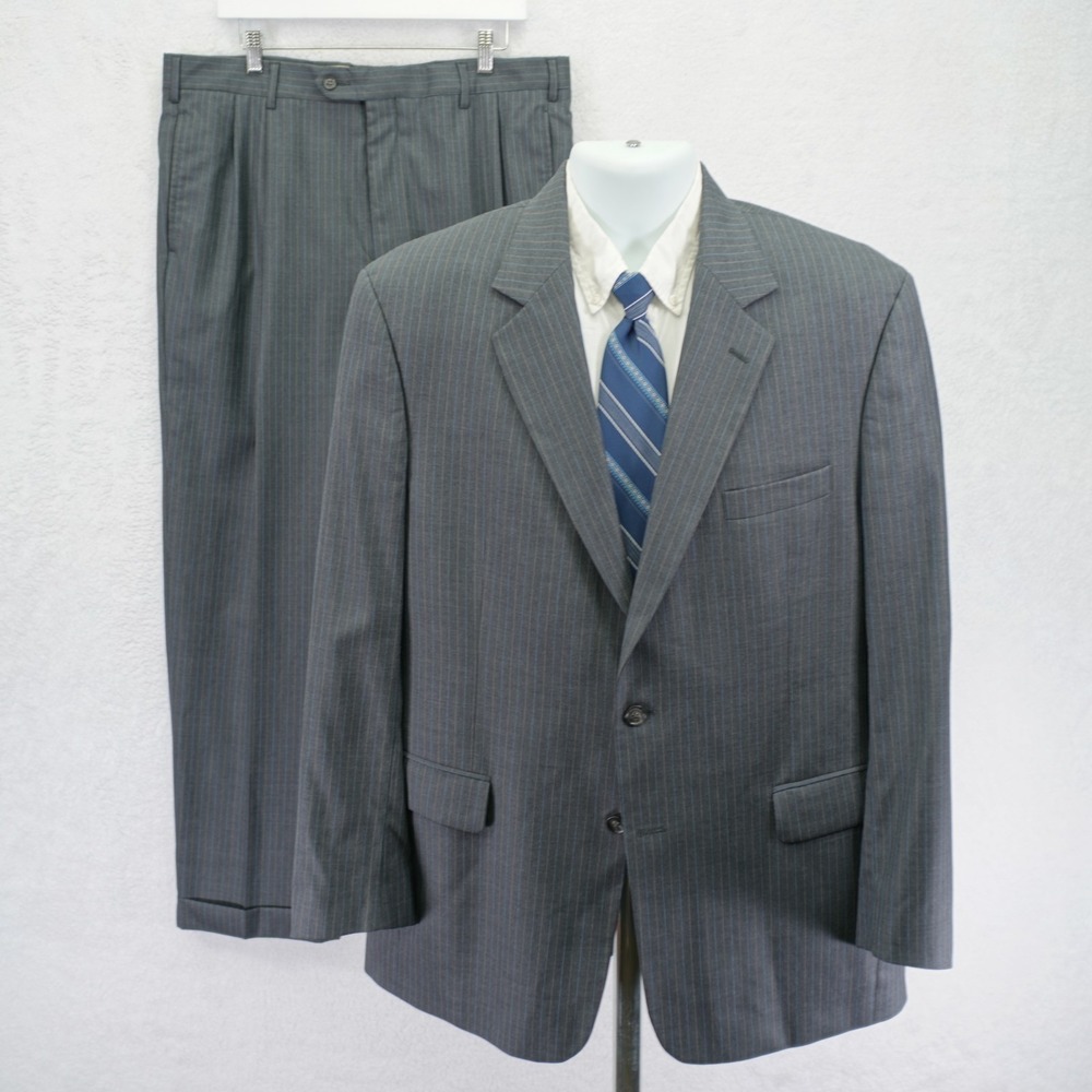 Jos A Bank Signature Gordon Wool Gray Striped 2 Piece Suit 42R 37 / 30 High Ris